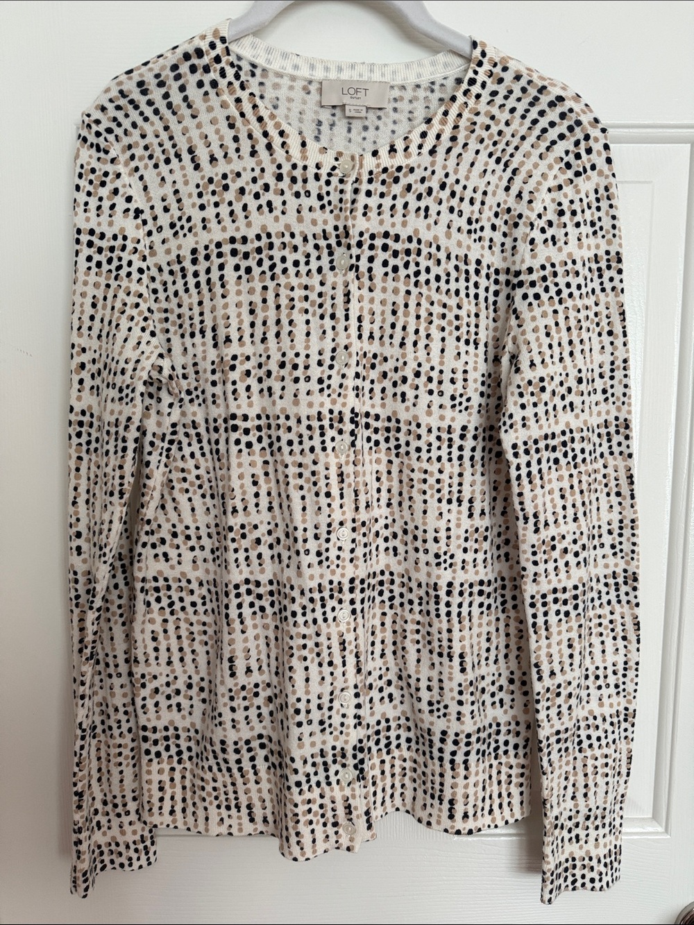 LOFT Cream Cardigan with Black and Tan Dot Print